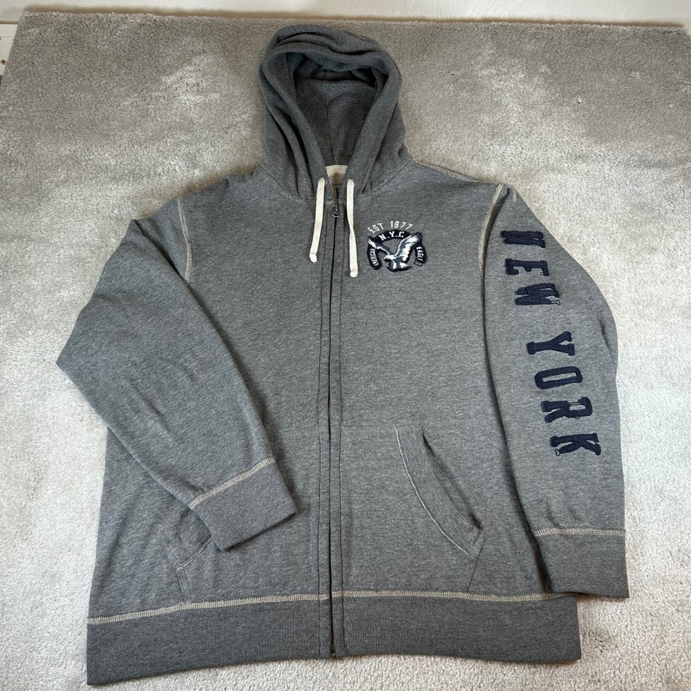 Vintage American Eagle Hoodie Men's XXL Gray Zip Up New York Graphic Sweatshirt
